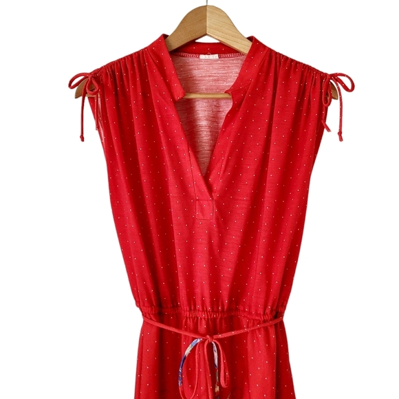 Vintage Polka-dot and Floral Drawstring Shoulder Sleeveless Dress Red Size S - Picture 2 of 12